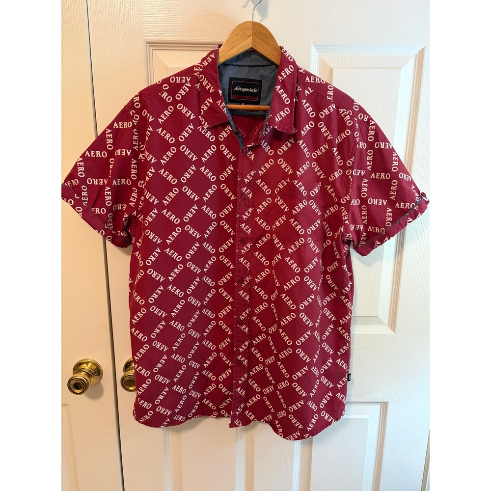 Aeropostale Mens XL Maroon Red AERO Logo Print Short Sleeve Button Down Shirt